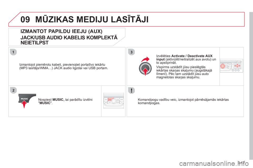 CITROEN BERLINGO ELECTRIC 2015 Lietošanas Instrukcija (in Latvian) 9.47
09MŪZIKAS MEDIJU LASĪTĀJI
IZMANTOT PAPILDU IEEJU (AUX)
JACK/USB AUDIO KABELIS KOMPLEKTĀ
NEIETILPST
Izmantojot piemērotu kabeli, pievienojiet portatīvo iekārtu(MP3 lasītājs/WMA…) CITROEN BERLINGO ELECTRIC 2015 Lietošanas Instrukcija (in Latvian) 9.47
09MŪZIKAS MEDIJU LASĪTĀJI
IZMANTOT PAPILDU IEEJU (AUX)
JACK/USB AUDIO KABELIS KOMPLEKTĀ
NEIETILPST
Izmantojot piemērotu kabeli, pievienojiet portatīvo iekārtu(MP3 lasītājs/WMA…)