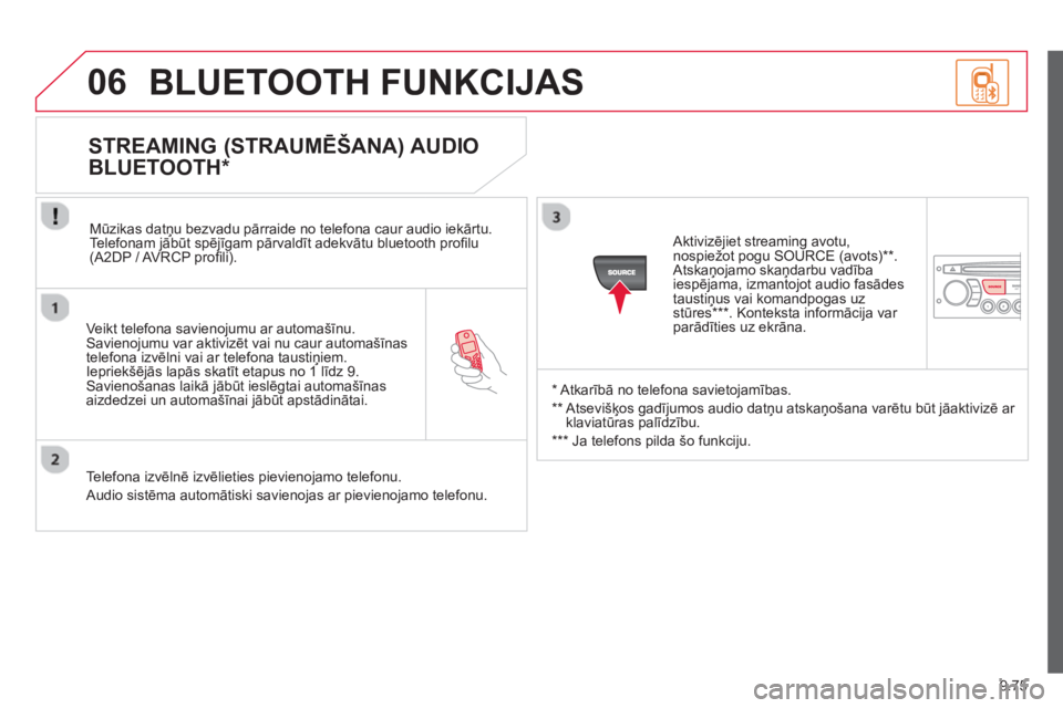 CITROEN BERLINGO ELECTRIC 2015  Lietošanas Instrukcija (in Latvian) 9.75
06
   
Veikt telefona savienojumu ar automašīnu.Savienojumu var aktivizēt vai nu caur automašīnas
telefona izvēlni vai ar telefona taustiņiem.
Iepriekšēj—s lapās skatīt etapus no 1 
