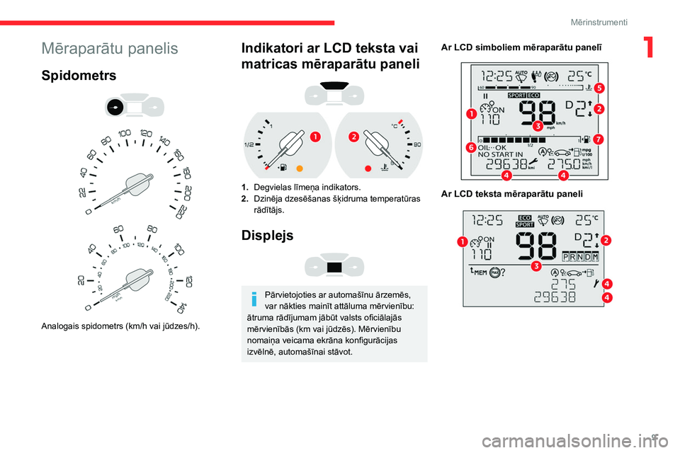 CITROEN BERLINGO VAN 2021  Lietošanas Instrukcija (in Latvian) 9
Mērinstrumenti
1Mēraparātu panelis
Spidometrs 
 
 
 
Analogais spidometrs (km/h vai jūdzes/h).
Indikatori ar LCD teksta vai 
matricas mēraparātu paneli
 
 
1. Degvielas līmeņa indikators.
2.