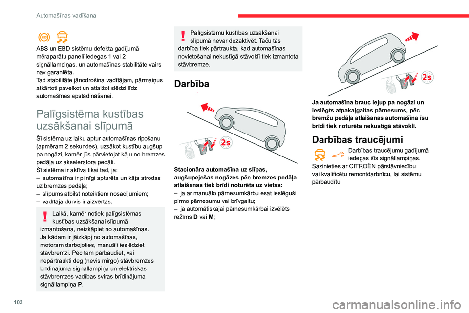 CITROEN BERLINGO VAN 2021  Lietošanas Instrukcija (in Latvian) 102
Automašīnas vadīšana
 
ABS un EBD sistēmu defekta gadījumā 
mēraparātu panelī iedegas 1 vai 2 
signāllampiņas, un automašīnas stabilitāte vairs 
nav garantēta.
Tad stabilitāte jā