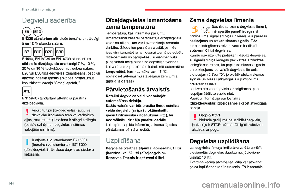 CITROEN BERLINGO VAN 2021  Lietošanas Instrukcija (in Latvian) 144
Praktiskā informācija
Degvielu saderība  
EN228 standartam atbilstošs benzīns ar attiecīgi 
5 un 10  % etanola saturu.
  
EN590, EN16734 un EN16709 standartiem 
atbilstoša dīzeļdegviela a