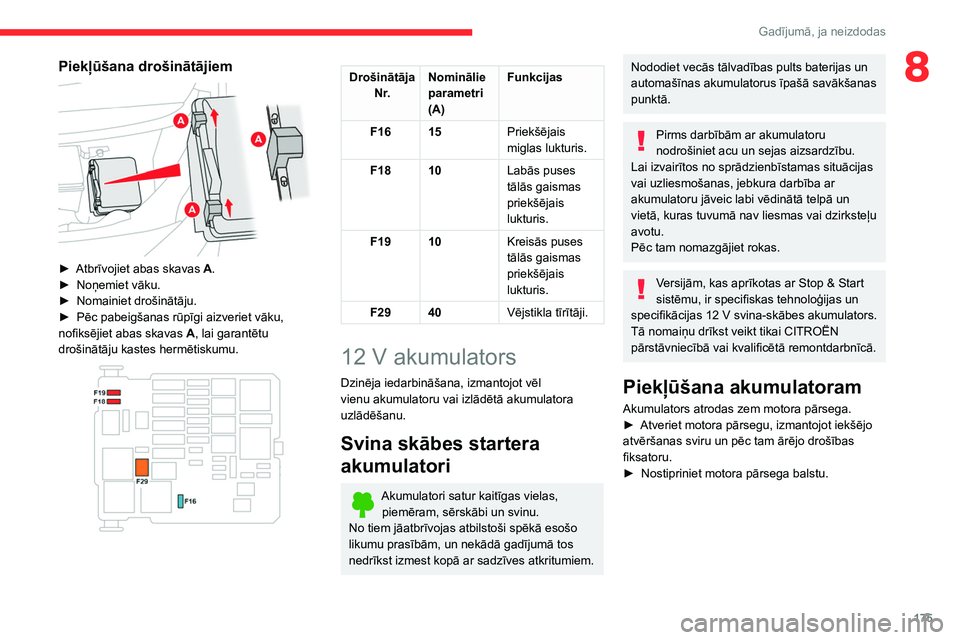 CITROEN BERLINGO VAN 2021  Lietošanas Instrukcija (in Latvian) 175
Gadījumā, ja neizdodas
8Piekļūšana drošinātājiem 
 
► Atbrīvojiet abas skavas A .
►  Noņemiet vāku.
►
 
Nomainiet drošinātāju.
►

 
Pēc pabeigšanas rūpīgi aizveriet vāku