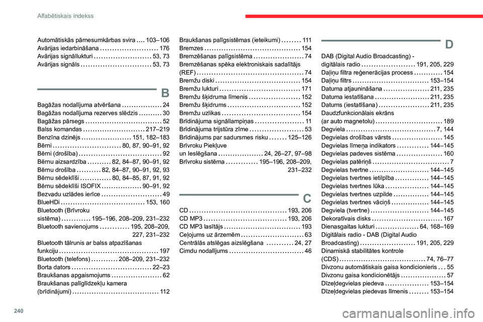 CITROEN BERLINGO VAN 2021 Lietošanas Instrukcija (in Latvian) 240
Alfabētiskais indekss
Automātiskās pārnesumkārbas svira 103–106
Avārijas iedarbināšana
176
Avārijas signāllukturi
53, 73
Avārijas signāls
53, 73
B
Bagāžas nodal CITROEN BERLINGO VAN 2021 Lietošanas Instrukcija (in Latvian) 240
Alfabētiskais indekss
Automātiskās pārnesumkārbas svira 103–106
Avārijas iedarbināšana
176
Avārijas signāllukturi
53, 73
Avārijas signāls
53, 73
B
Bagāžas nodal
