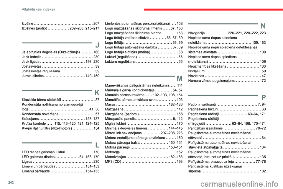 CITROEN BERLINGO VAN 2021 Lietošanas Instrukcija (in Latvian) 242
Alfabētiskais indekss
Izvēlne 207
Izvēlnes (audio)
202–203, 215–217
J
Ja aptrūcies degvielas (Dīzeļdzinējs) 160
Jack kabelis
230
Jack ligzda
193, 230
Jostasvietas
CITROEN BERLINGO VAN 2021 Lietošanas Instrukcija (in Latvian) 242
Alfabētiskais indekss
Izvēlne 207
Izvēlnes (audio)
202–203, 215–217
J
Ja aptrūcies degvielas (Dīzeļdzinējs) 160
Jack kabelis
230
Jack ligzda
193, 230
Jostasvietas