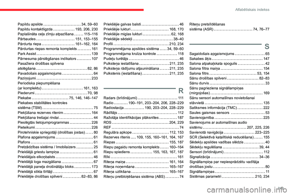 CITROEN BERLINGO VAN 2021 Lietošanas Instrukcija (in Latvian) 243
Alfabētiskais indekss
Papildu apsilde 34, 59–60
Papildu kontaktligzda
193, 206, 230
Paplašināta ceļa zīmju atpazīšana
115–116
Pārbaudes
151, 153–155
Pārdurta riep CITROEN BERLINGO VAN 2021 Lietošanas Instrukcija (in Latvian) 243
Alfabētiskais indekss
Papildu apsilde 34, 59–60
Papildu kontaktligzda
193, 206, 230
Paplašināta ceļa zīmju atpazīšana
115–116
Pārbaudes
151, 153–155
Pārdurta riep