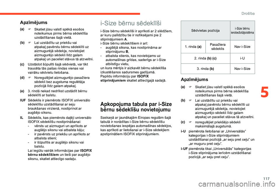 CITROEN BERLINGO VAN 2019  Lietošanas Instrukcija (in Latvian) 117
i-Size bērnu sēdeklīši
i-Size bērnu sēdeklīši ir aprīkoti ar 2 slēdžiem, 
ar kuru palīdzību tie ir nofiksējami pie 2 
stiprinājumiem A.
i-Size bērnu sēdeklīšiem ir arī:
-
 
a
 