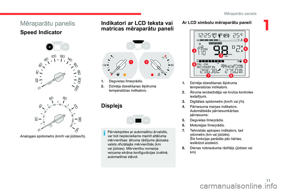CITROEN BERLINGO VAN 2019 Lietošanas Instrukcija (in Latvian) 11
Mēraparātu panelis
Speed Indicator
Analogais spidometrs (km/h vai jūdzes/h).
Indikatori ar LCD teksta vai
matricas mēraparātu paneli
1.Degvielas līmeņrādis.
2. Dzinēja dzesēšanas šķid CITROEN BERLINGO VAN 2019 Lietošanas Instrukcija (in Latvian) 11
Mēraparātu panelis
Speed Indicator
Analogais spidometrs (km/h vai jūdzes/h).
Indikatori ar LCD teksta vai
matricas mēraparātu paneli
1.Degvielas līmeņrādis.
2. Dzinēja dzesēšanas šķid