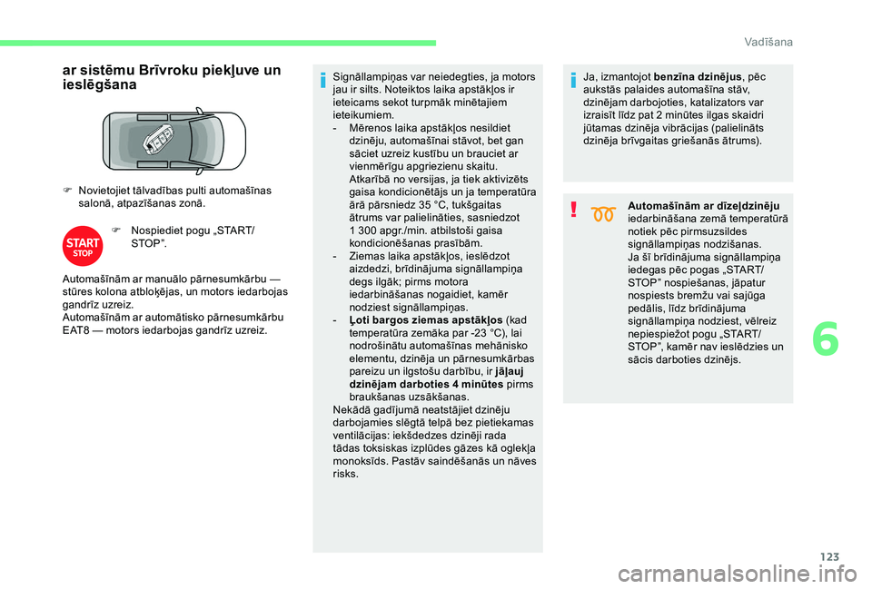 CITROEN BERLINGO VAN 2019  Lietošanas Instrukcija (in Latvian) 123
ar sistēmu Brīvroku piekļuve un 
ieslēgšana
F Novietojiet tālvadības pulti automašīnas salonā, atpazīšanas zonā.
F
 
N
 ospiediet pogu „START/
STO P ”. Signāllampiņas var neiede