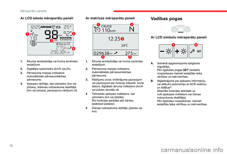 CITROEN BERLINGO VAN 2019 Lietošanas Instrukcija (in Latvian) 12
Ar LCD teksta mēraparātu paneli
1.Ātruma ierobežotāja vai kruīza kontroles
iestatījumi.
2. Digitālais spidometrs (km/h vai j/h).
3. Pārnesuma maiņas indikators.
Automātiskās pārnesumk CITROEN BERLINGO VAN 2019 Lietošanas Instrukcija (in Latvian) 12
Ar LCD teksta mēraparātu paneli
1.Ātruma ierobežotāja vai kruīza kontroles
iestatījumi.
2. Digitālais spidometrs (km/h vai j/h).
3. Pārnesuma maiņas indikators.
Automātiskās pārnesumk