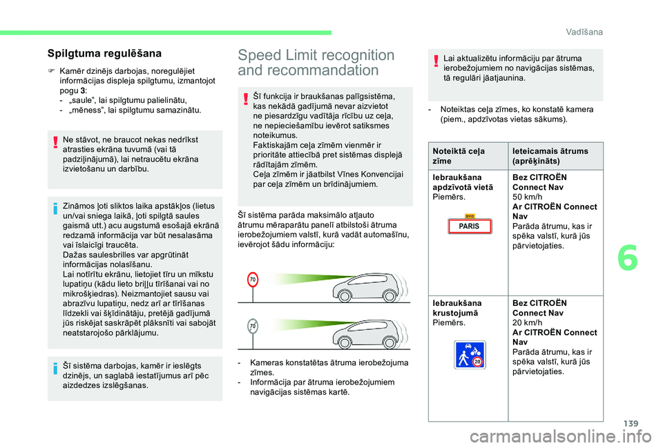 CITROEN BERLINGO VAN 2019  Lietošanas Instrukcija (in Latvian) 139
Speed Limit recognition 
and recommandation
Šī funkcija ir braukšanas palīgsistēma, 
kas nekādā gadījumā nevar aizvietot 
ne piesardzīgu vadītāja rīcību uz ceļa, 
ne nepieciešamīb