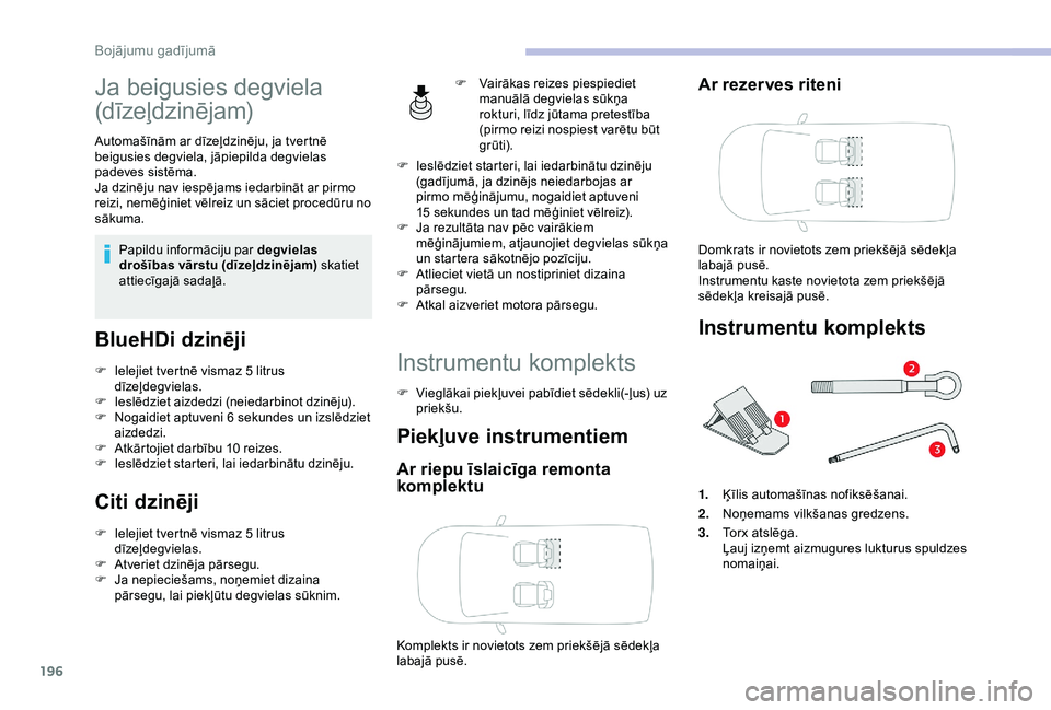 CITROEN BERLINGO VAN 2019 Lietošanas Instrukcija (in Latvian) 196
Ja beigusies degviela
(dīzeļdzinējam)
Automašīnām ar dīzeļdzinēju, ja tvertnē
beigusies degviela, jāpiepilda degvielas
padeves sistēma.
Ja dzinēju nav iespējams iedarbināt ar pir CITROEN BERLINGO VAN 2019 Lietošanas Instrukcija (in Latvian) 196
Ja beigusies degviela
(dīzeļdzinējam)
Automašīnām ar dīzeļdzinēju, ja tvertnē
beigusies degviela, jāpiepilda degvielas
padeves sistēma.
Ja dzinēju nav iespējams iedarbināt ar pir