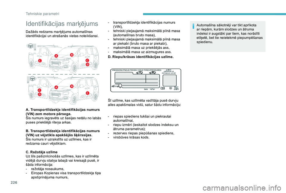 CITROEN BERLINGO VAN 2019  Lietošanas Instrukcija (in Latvian) 226
Identifikācijas marķējums
Dažāds redzams marķējums automašīnas 
identifikācijai un atrašanās vietas noteikšanai.
A. Transpor tlīdzekļa identifikācijas numurs 
(VIN) zem motora pār