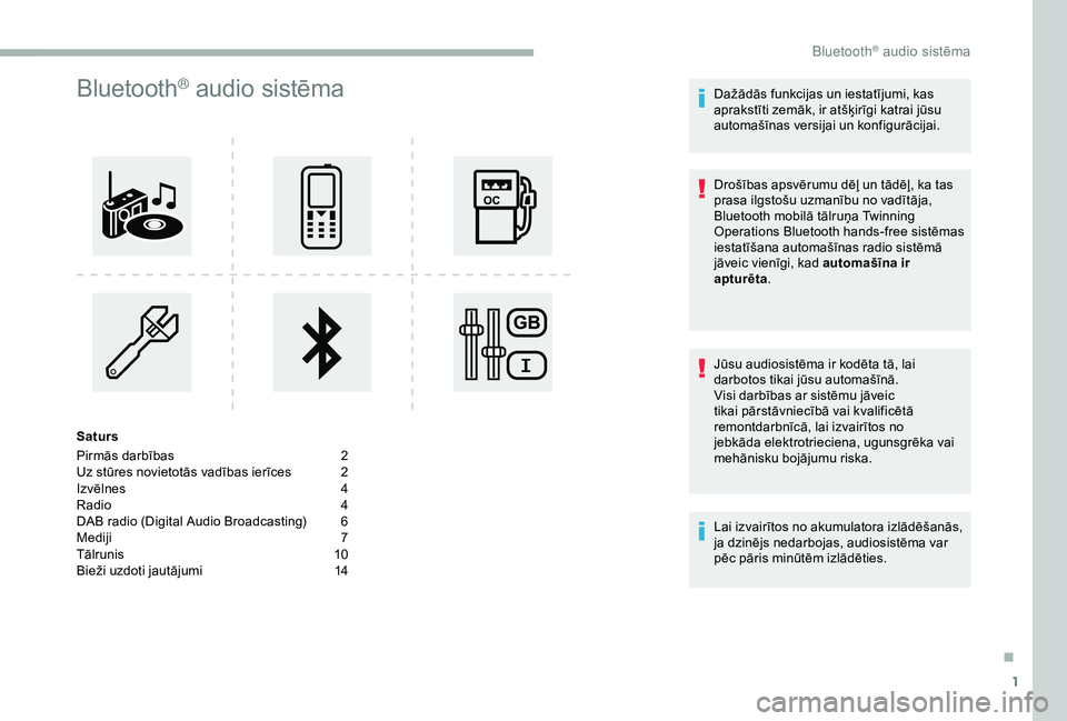 CITROEN BERLINGO VAN 2019  Lietošanas Instrukcija (in Latvian) 1
Bluetooth® audio sistēma
Saturs
Pirmās darbības 
2
U

z stūres novietotās vadības ierīces  
2
I

zvēlnes  
4
R

adio  
4
D

AB radio (Digital Audio Broadcasting)  
6
M

ediji  
7
T

ālruni