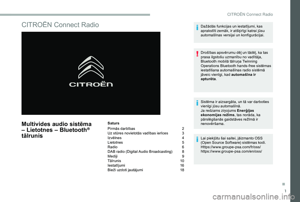 CITROEN BERLINGO VAN 2019 Lietošanas Instrukcija (in Latvian) 1
CITROËN Connect Radio
Multivides audio sistēma
– Lietotnes – Bluetooth®
tālrunis
Saturs
Pirmās darbības
2
U
z stūres novietotās vadības ierīces
3
I
zvēlnes
4
L
ietotnes
5 CITROEN BERLINGO VAN 2019 Lietošanas Instrukcija (in Latvian) 1
CITROËN Connect Radio
Multivides audio sistēma
– Lietotnes – Bluetooth®
tālrunis
Saturs
Pirmās darbības
2
U
z stūres novietotās vadības ierīces
3
I
zvēlnes
4
L
ietotnes
5