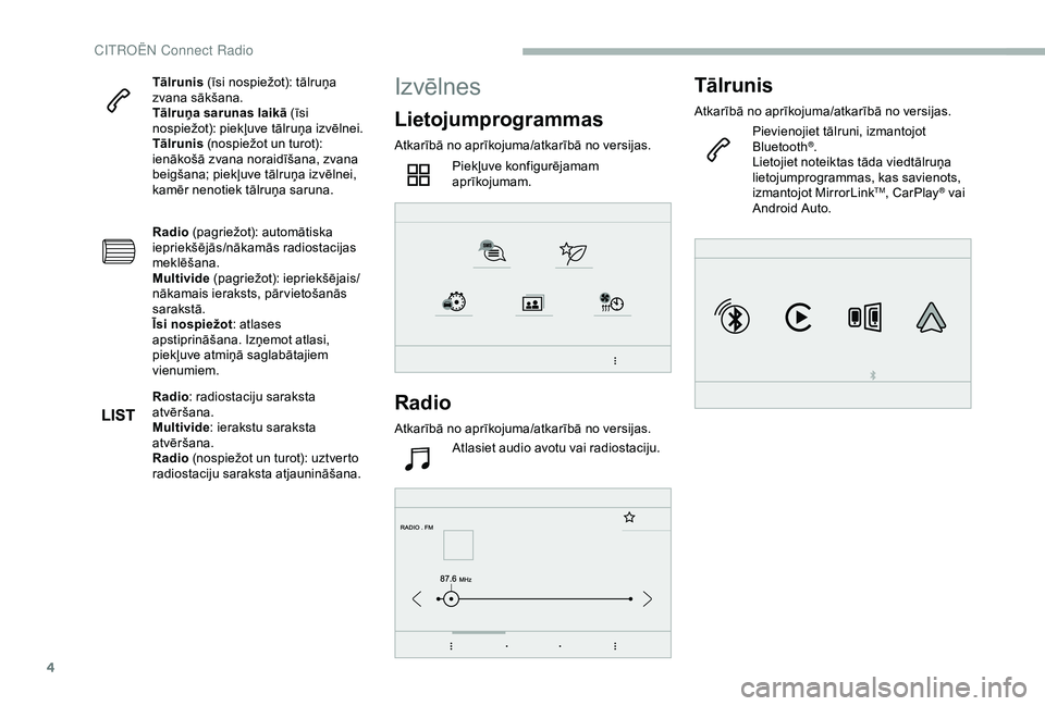 CITROEN BERLINGO VAN 2019 Lietošanas Instrukcija (in Latvian) 4
Tālrunis (īsi nospiežot): tālruņa
zvana sākšana.
Tālruņa sarunas laikā (īsi
nospiežot): piekļuve tālruņa izvēlnei.
Tālrunis (nospiežot un turot):
ienākošā zvana noraidīšan CITROEN BERLINGO VAN 2019 Lietošanas Instrukcija (in Latvian) 4
Tālrunis (īsi nospiežot): tālruņa
zvana sākšana.
Tālruņa sarunas laikā (īsi
nospiežot): piekļuve tālruņa izvēlnei.
Tālrunis (nospiežot un turot):
ienākošā zvana noraidīšan