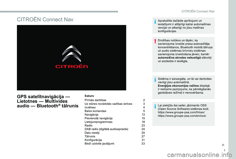 CITROEN BERLINGO VAN 2019 Lietošanas Instrukcija (in Latvian) 1
CITROËN Connect Nav
GPS satelītnavigācija —
Lietotnes — Multivides
audio — Bluetooth
® tālrunis
Saturs
Pirmās darbības
2
U
z stūres novietotās vadības ierīces
3
I
zvēlnes
CITROEN BERLINGO VAN 2019 Lietošanas Instrukcija (in Latvian) 1
CITROËN Connect Nav
GPS satelītnavigācija —
Lietotnes — Multivides
audio — Bluetooth
® tālrunis
Saturs
Pirmās darbības
2
U
z stūres novietotās vadības ierīces
3
I
zvēlnes