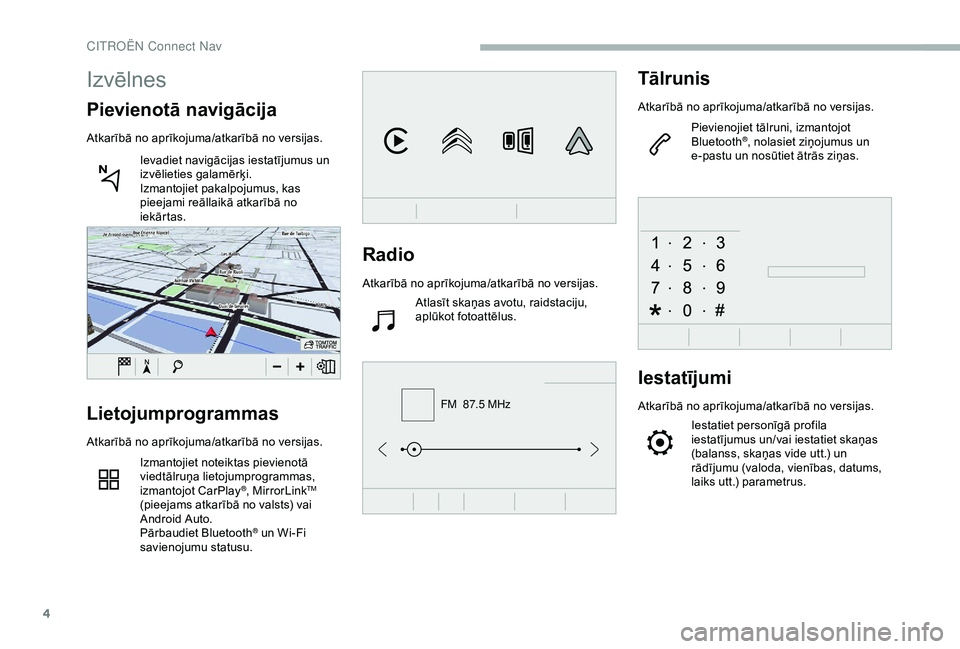 CITROEN BERLINGO VAN 2019 Lietošanas Instrukcija (in Latvian) 4
FM 87.5 MHz
Radio
Atkarībā no aprīkojuma/atkarībā no versijas.Atlasīt skaņas avotu, raidstaciju,
aplūkot fotoattēlus.
Tālrunis
Atkarībā no aprīkojuma/atkarībā no versijas.
Pievienoj CITROEN BERLINGO VAN 2019 Lietošanas Instrukcija (in Latvian) 4
FM 87.5 MHz
Radio
Atkarībā no aprīkojuma/atkarībā no versijas.Atlasīt skaņas avotu, raidstaciju,
aplūkot fotoattēlus.
Tālrunis
Atkarībā no aprīkojuma/atkarībā no versijas.
Pievienoj