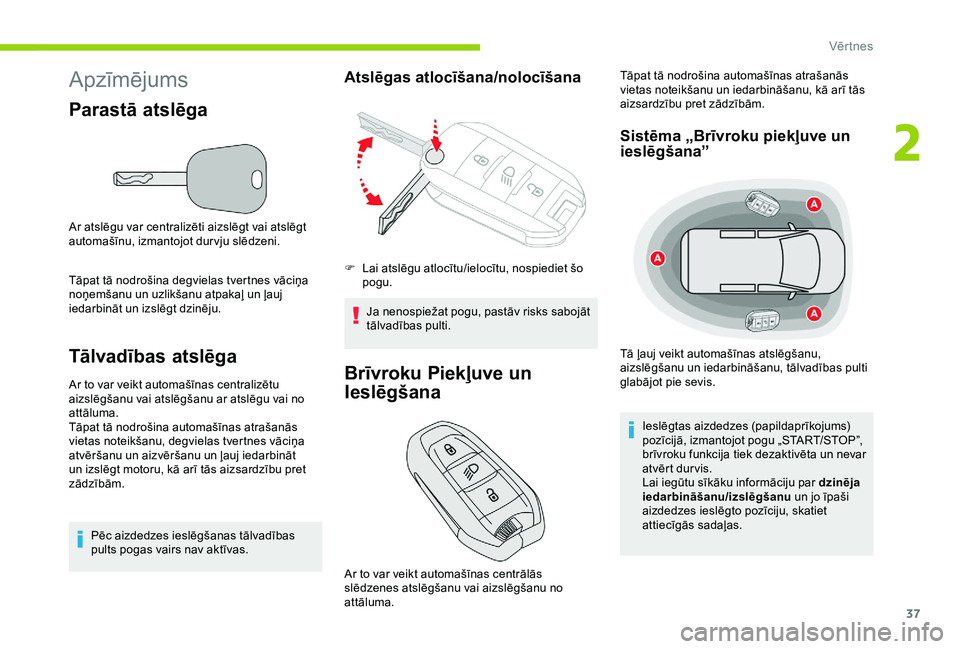 CITROEN BERLINGO VAN 2019 Lietošanas Instrukcija (in Latvian) 37
Apzīmējums
Parastā atslēga
Ar atslēgu var centralizēti aizslēgt vai atslēgt
automašīnu, izmantojot dur vju slēdzeni.
Tāpat tā nodrošina degvielas tvertnes vāciņa
noņemšanu un uz CITROEN BERLINGO VAN 2019 Lietošanas Instrukcija (in Latvian) 37
Apzīmējums
Parastā atslēga
Ar atslēgu var centralizēti aizslēgt vai atslēgt
automašīnu, izmantojot dur vju slēdzeni.
Tāpat tā nodrošina degvielas tvertnes vāciņa
noņemšanu un uz