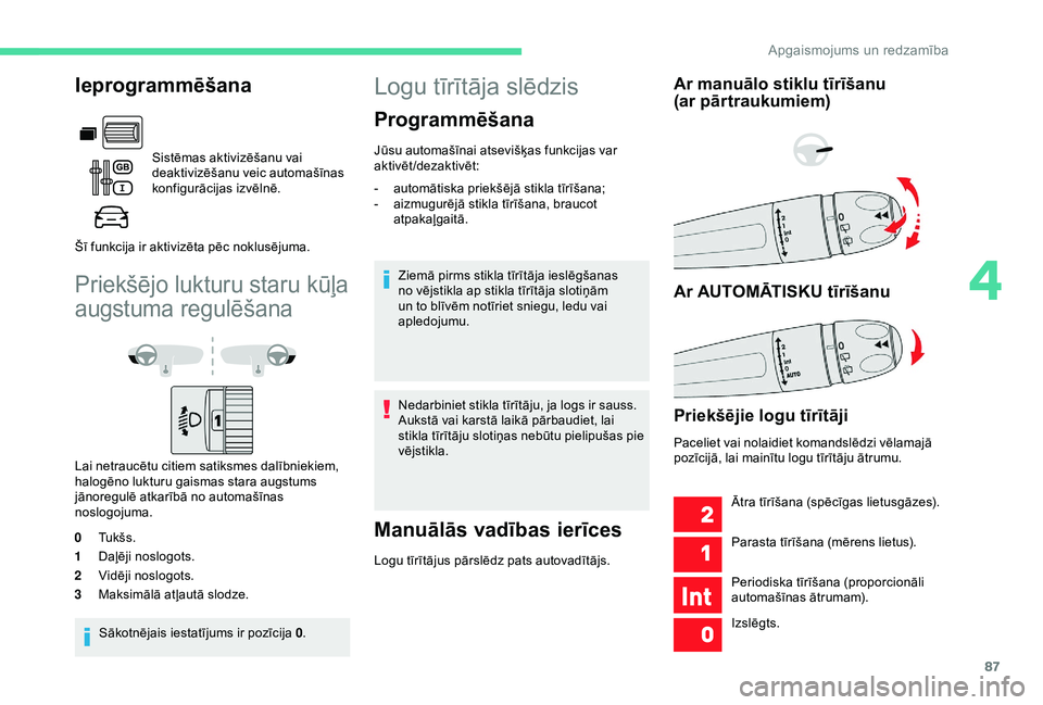 CITROEN BERLINGO VAN 2019 Lietošanas Instrukcija (in Latvian) 87
Priekšējo lukturu staru kūļa
augstuma regulēšana
Lai netraucētu citiem satiksmes dalībniekiem,
halogēno lukturu gaismas stara augstums
jānoregulē atkarībā no automašīnas
noslogoj CITROEN BERLINGO VAN 2019 Lietošanas Instrukcija (in Latvian) 87
Priekšējo lukturu staru kūļa
augstuma regulēšana
Lai netraucētu citiem satiksmes dalībniekiem,
halogēno lukturu gaismas stara augstums
jānoregulē atkarībā no automašīnas
noslogoj
