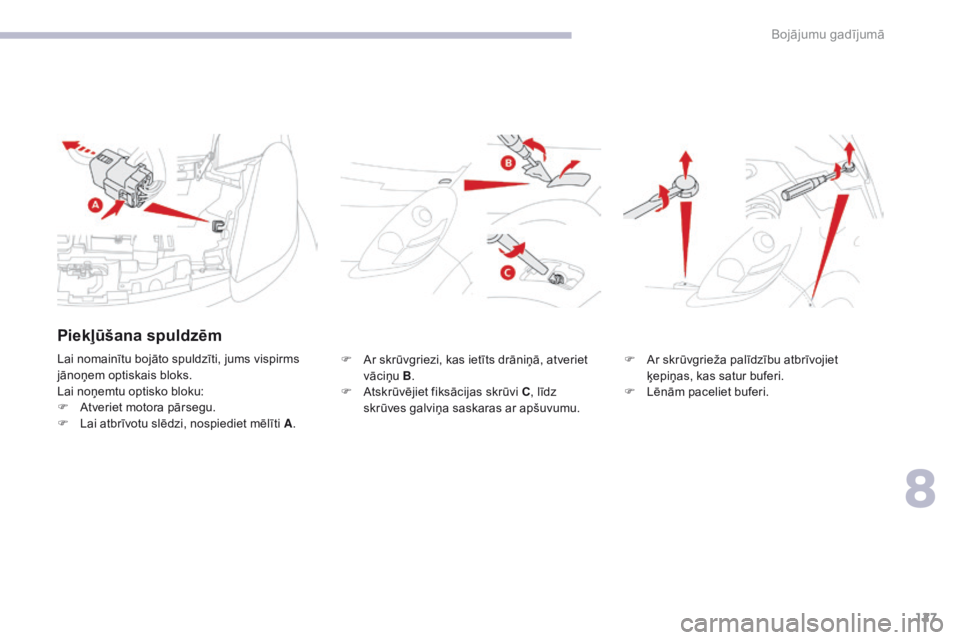 CITROEN C-ZERO 2017 Lietošanas Instrukcija (in Latvian) 127
C-Zero_lv_Chap08_en-cas-de-panne_ed01-2016
F Ar skrūvgriezi, kas ietīts drāniņā, atveriet vāciņu B .
F
A
tskrūvējiet fiksācijas skrūvi C , līdz
skrūves galviņa saskaras ar apšuv CITROEN C-ZERO 2017 Lietošanas Instrukcija (in Latvian) 127
C-Zero_lv_Chap08_en-cas-de-panne_ed01-2016
F Ar skrūvgriezi, kas ietīts drāniņā, atveriet vāciņu B .
F
A
tskrūvējiet fiksācijas skrūvi C , līdz
skrūves galviņa saskaras ar apšuv