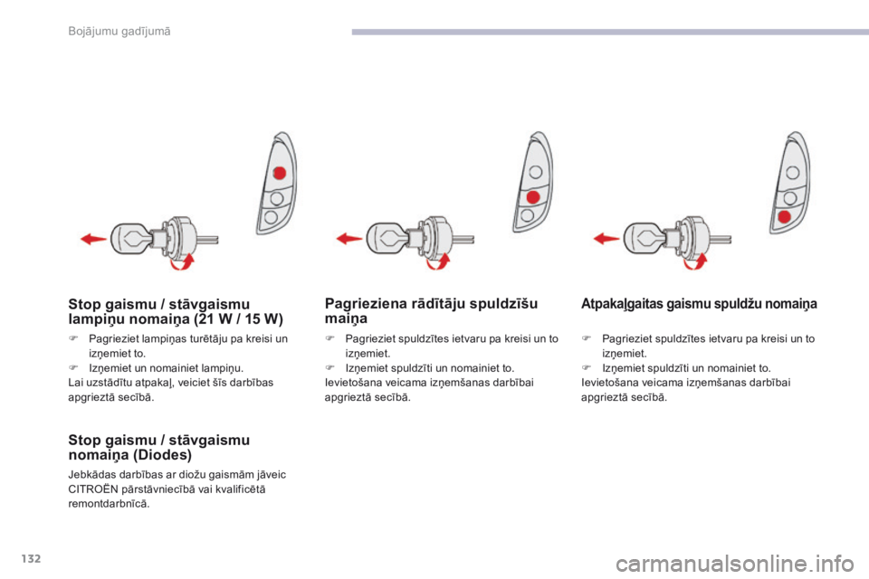 CITROEN C-ZERO 2017  Lietošanas Instrukcija (in Latvian) 132
C-Zero_lv_Chap08_en-cas-de-panne_ed01-2016
Pagrieziena rādītāju spuldzīšu 
maiņa
Stop gaismu / stāvgaismu 
nomaiņa (Diodes)
Jebkādas darbības ar diožu gaismām jāveic 
CITROËN pārst