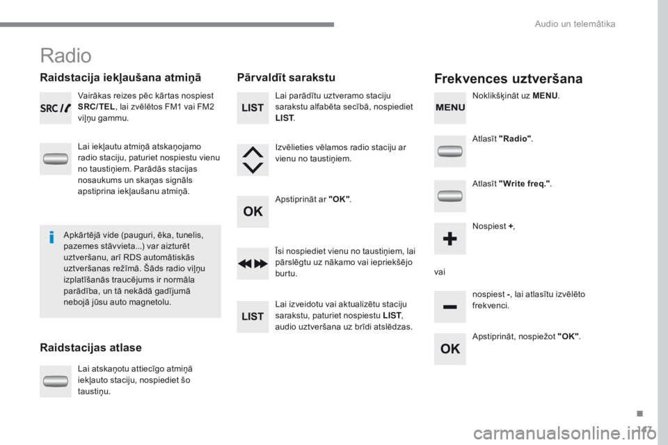 CITROEN C-ZERO 2017 Lietošanas Instrukcija (in Latvian) 147
C-Zero_lv_Chap10a_RDE2_ed01-2016
Radio
Raidstacija iekļaušana atmiņā
Raidstacijas atlasePārvaldīt sarakstuFrekvences uztveršana
Vairākas reizes pēc kārtas nospiest
SRC/TEL
, lai zvēlē CITROEN C-ZERO 2017 Lietošanas Instrukcija (in Latvian) 147
C-Zero_lv_Chap10a_RDE2_ed01-2016
Radio
Raidstacija iekļaušana atmiņā
Raidstacijas atlasePārvaldīt sarakstuFrekvences uztveršana
Vairākas reizes pēc kārtas nospiest
SRC/TEL
, lai zvēlē