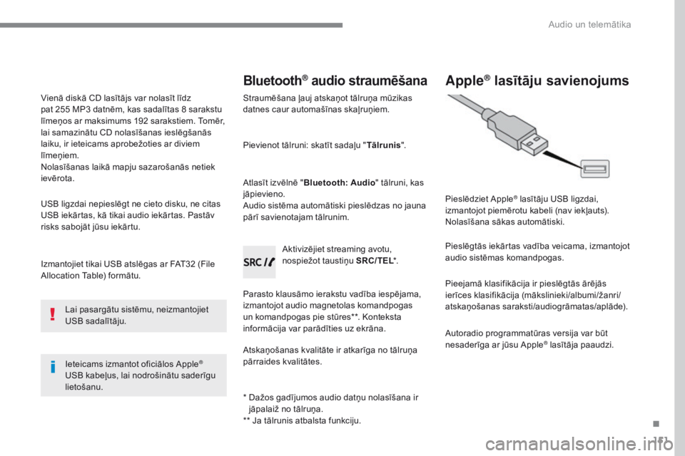 CITROEN C-ZERO 2017  Lietošanas Instrukcija (in Latvian) 151
C-Zero_lv_Chap10a_RDE2_ed01-2016
Izmantojiet tikai USB atslēgas ar FAT32 (File 
Allocation Table) formātu.Ieteicams izmantot oficiālos Apple
® 
USB kabeļus, lai nodrošinātu saderīgu 
lieto