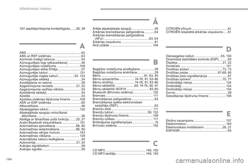 CITROEN C-ZERO 2017  Lietošanas Instrukcija (in Latvian) 164
12V papildaprīkojuma kontaktligzda.......38, 39
ABS
 ........
 ....................................................... 63
ABS un REF sistēmas
 
..................................63
A

izmirsts i