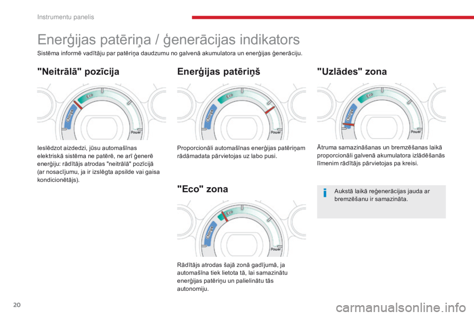 CITROEN C-ZERO 2017  Lietošanas Instrukcija (in Latvian) 20
C-Zero_lv_Chap01_instruments-de-bord_ed01-2016
Enerģijas patēriņa / ģenerācijas indikators
Enerģijas patēriņš
Ieslēdzot aizdedzi, jūsu automašīnas 
elektriskā sistēma ne patērē, ne