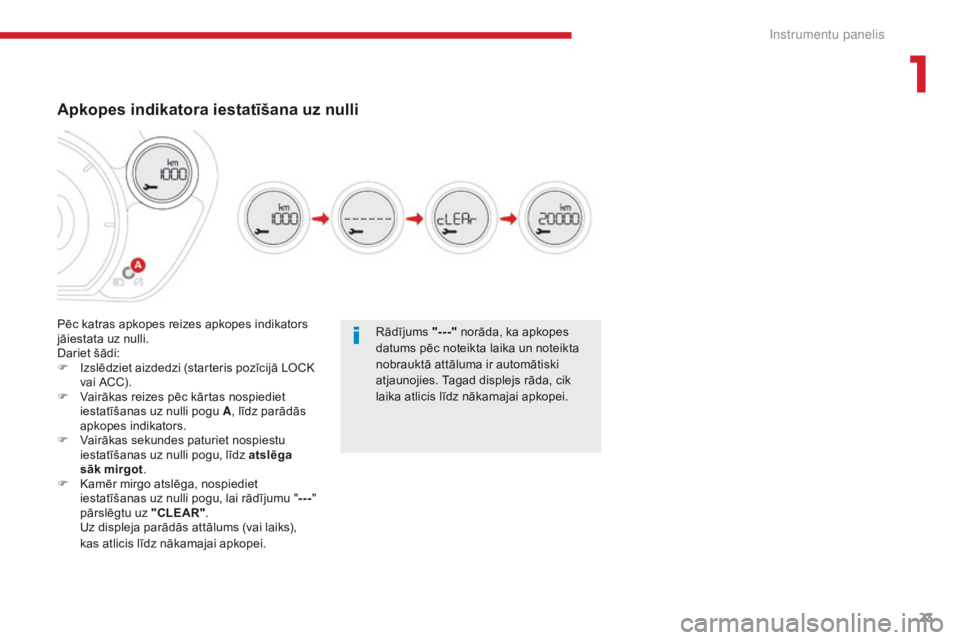 CITROEN C-ZERO 2017  Lietošanas Instrukcija (in Latvian) 23
C-Zero_lv_Chap01_instruments-de-bord_ed01-2016
Rādījums "---" norāda, ka apkopes 
datums pēc noteikta laika un noteikta 
nobrauktā attāluma ir automātiski 
atjaunojies. Tagad displej