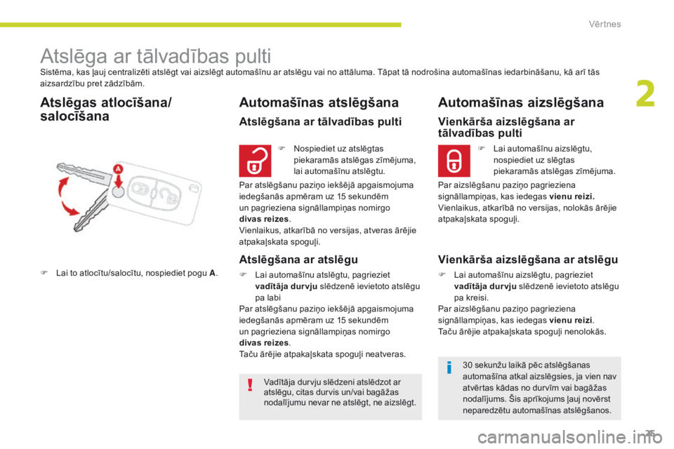 CITROEN C-ZERO 2017  Lietošanas Instrukcija (in Latvian) 25
C-Zero_lv_Chap02_ouvertures_ed01-2016
Sistēma, kas ļauj centralizēti atslēgt vai aizslēgt automašīnu ar atslēgu vai no attāluma. Tāpat tā nodrošina automašīnas iedarbināšanu, kā ar