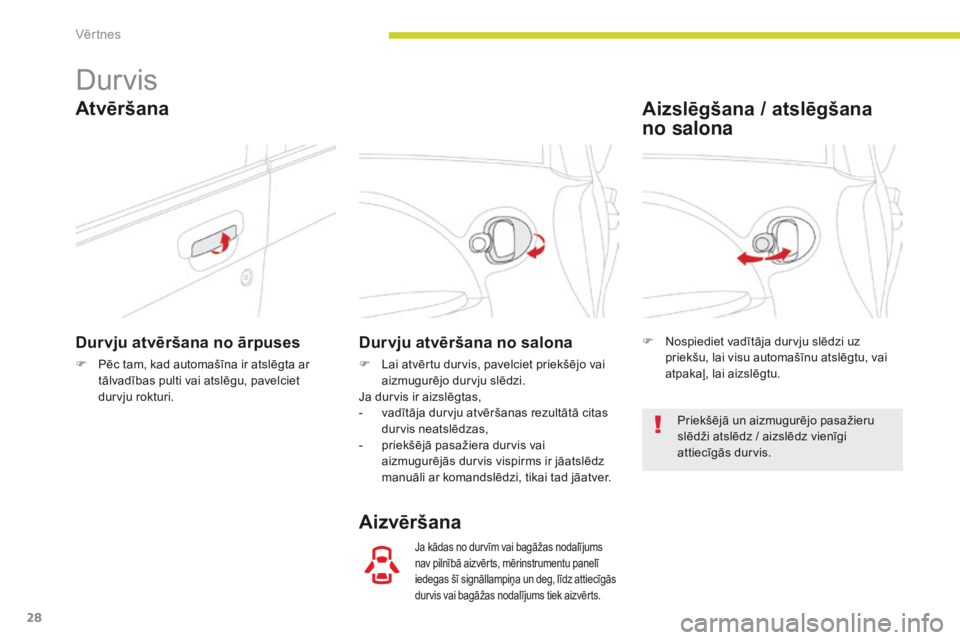 CITROEN C-ZERO 2017  Lietošanas Instrukcija (in Latvian) 28
C-Zero_lv_Chap02_ouvertures_ed01-2016
Durvis
Durvju atvēršana no ārpuses
F Pēc tam, kad automašīna ir atslēgta ar tālvadības pulti vai atslēgu, pavelciet 
durvju rokturi.
Durvju atvērša