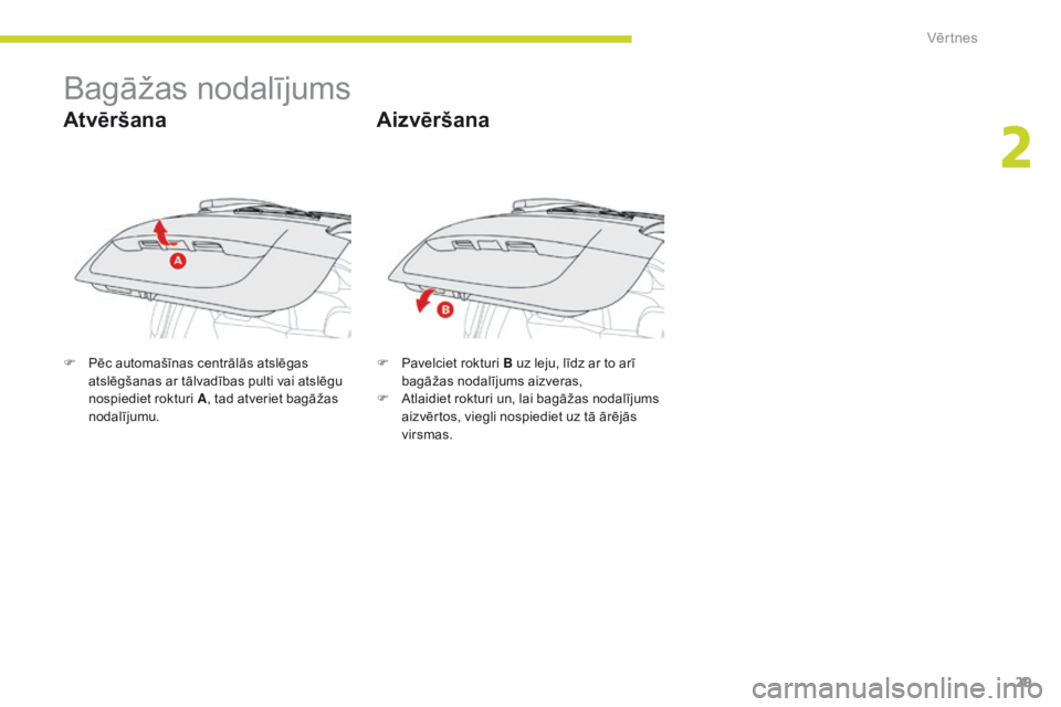 CITROEN C-ZERO 2017 Lietošanas Instrukcija (in Latvian) 29
C-Zero_lv_Chap02_ouvertures_ed01-2016
Bagāžas nodalījums
Atvēršana
F Pēc automašīnas centrālās atslēgas atslēgšanas ar tālvadības pulti vai atslēgu
nospiediet rokturi A, tad atver CITROEN C-ZERO 2017 Lietošanas Instrukcija (in Latvian) 29
C-Zero_lv_Chap02_ouvertures_ed01-2016
Bagāžas nodalījums
Atvēršana
F Pēc automašīnas centrālās atslēgas atslēgšanas ar tālvadības pulti vai atslēgu
nospiediet rokturi A, tad atver