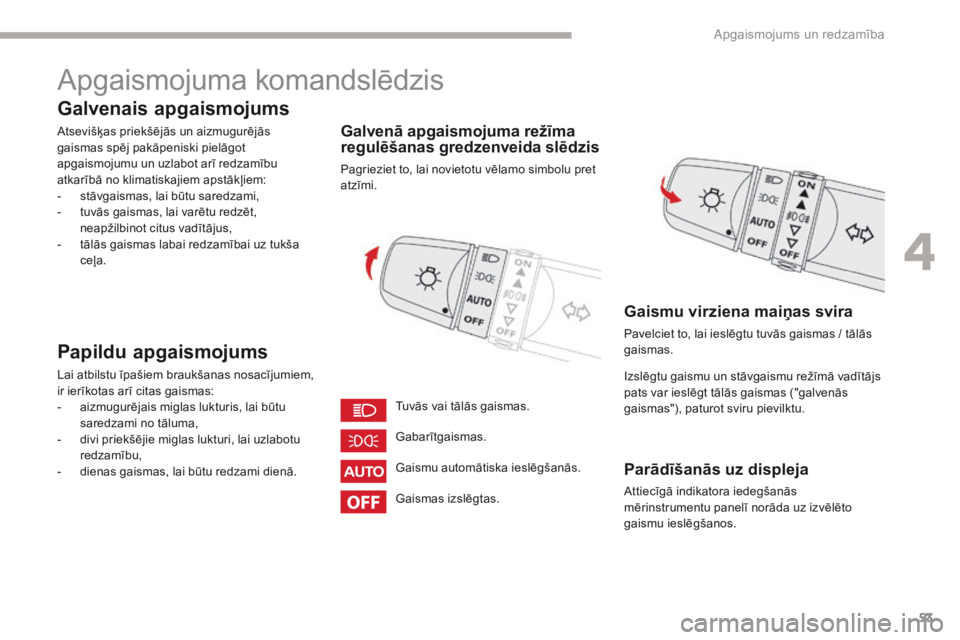 CITROEN C-ZERO 2017 Lietošanas Instrukcija (in Latvian) 53
C-Zero_lv_Chap04_eclairage-et-visibilite_ed01-2016
Apgaismojuma komandslēdzis
Galvenais apgaismojums
Atsevišķas priekšējās un aizmugurējās
gaismas spēj pakāpeniski pielāgot
apgaismojum CITROEN C-ZERO 2017 Lietošanas Instrukcija (in Latvian) 53
C-Zero_lv_Chap04_eclairage-et-visibilite_ed01-2016
Apgaismojuma komandslēdzis
Galvenais apgaismojums
Atsevišķas priekšējās un aizmugurējās
gaismas spēj pakāpeniski pielāgot
apgaismojum
