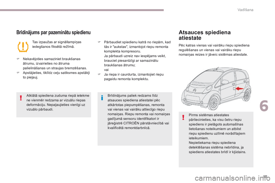 CITROEN C-ZERO 2017 Lietošanas Instrukcija (in Latvian) 93
C-Zero_lv_Chap06_conduite_ed01-2016
Brīdinājums par pazeminātu spiedienu
Tas izpaužas ar signāllampiņas
iedegšanos fiksētā režīmā.
F
N
ekavējoties samaziniet braukšanas
ātrumu, CITROEN C-ZERO 2017 Lietošanas Instrukcija (in Latvian) 93
C-Zero_lv_Chap06_conduite_ed01-2016
Brīdinājums par pazeminātu spiedienu
Tas izpaužas ar signāllampiņas
iedegšanos fiksētā režīmā.
F
N
ekavējoties samaziniet braukšanas
ātrumu,