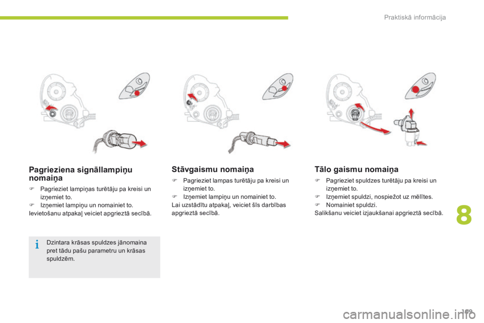 CITROEN C-ZERO 2016 Lietošanas Instrukcija (in Latvian) 109
C-zero_lv_Chap08_info-pratiques_ed01-2014
Stāvgaismu nomaiņa
F Pagrieziet lampas turētāju pa kreisi un izņemiet to.
F
I
zņemiet lampiņu un nomainiet to.
Lai uzstādītu atpakaļ, veiciet CITROEN C-ZERO 2016 Lietošanas Instrukcija (in Latvian) 109
C-zero_lv_Chap08_info-pratiques_ed01-2014
Stāvgaismu nomaiņa
F Pagrieziet lampas turētāju pa kreisi un izņemiet to.
F
I
zņemiet lampiņu un nomainiet to.
Lai uzstādītu atpakaļ, veiciet