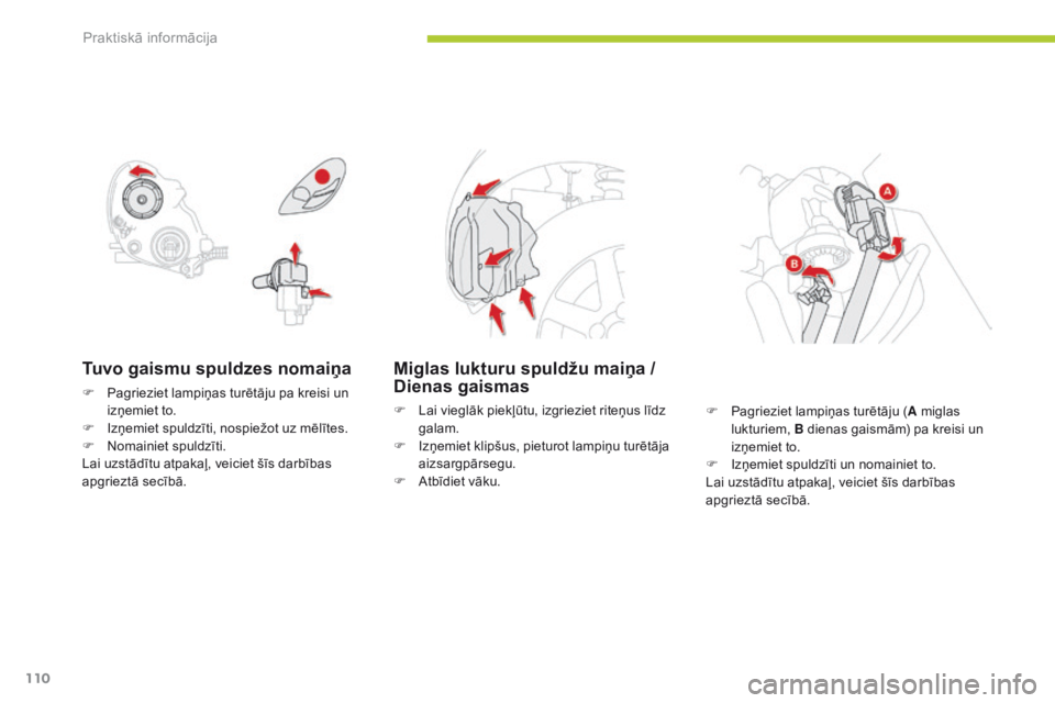 CITROEN C-ZERO 2016 Lietošanas Instrukcija (in Latvian) 110
C-zero_lv_Chap08_info-pratiques_ed01-2014
Tuvo gaismu spuldzes nomaiņa
F Pagrieziet lampiņas turētāju pa kreisi un izņemiet to.
F
I
zņemiet spuldzīti, nospiežot uz mēlītes.
F
N
oma CITROEN C-ZERO 2016 Lietošanas Instrukcija (in Latvian) 110
C-zero_lv_Chap08_info-pratiques_ed01-2014
Tuvo gaismu spuldzes nomaiņa
F Pagrieziet lampiņas turētāju pa kreisi un izņemiet to.
F
I
zņemiet spuldzīti, nospiežot uz mēlītes.
F
N
oma