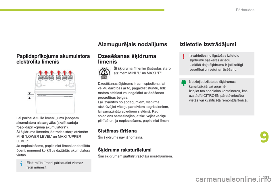 CITROEN C-ZERO 2016 Lietošanas Instrukcija (in Latvian) 127
C-zero_lv_Chap09_verifications_ed01-2014
Šī šķidruma līmenim jāatrodas starp
atzīmēm MINI "L" un MA XI "F".
Dzesēšanas šķidruma
līmenisIzvairieties no ilgstošas izl CITROEN C-ZERO 2016 Lietošanas Instrukcija (in Latvian) 127
C-zero_lv_Chap09_verifications_ed01-2014
Šī šķidruma līmenim jāatrodas starp
atzīmēm MINI "L" un MA XI "F".
Dzesēšanas šķidruma
līmenisIzvairieties no ilgstošas izl