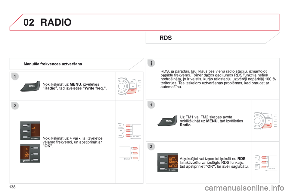 CITROEN C-ZERO 2016  Lietošanas Instrukcija (in Latvian) 02
138
C-Zero_lv_Chap11b_RDE2_ed01-2014
RDS, ja parādās, ļauj klausīties vienu radio staciju, izmantojot 
papildu frekvenci. Tomēr dažos gadījumos RDS funkcija netiek 
nodrošināta, jo ir vals
