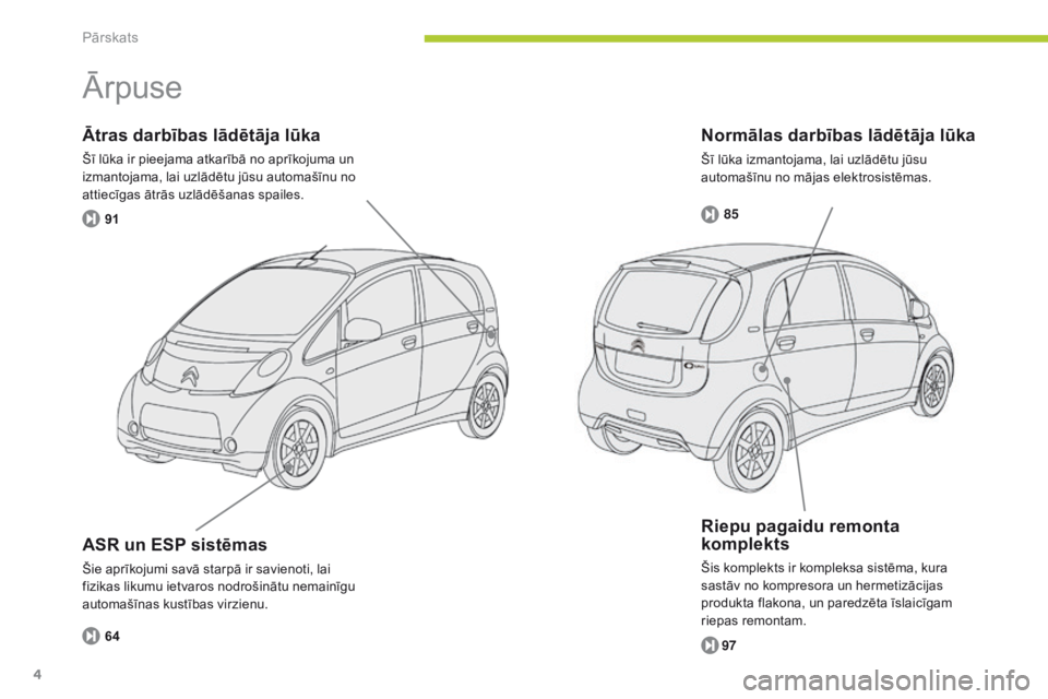 CITROEN C-ZERO 2016  Lietošanas Instrukcija (in Latvian) 85
91
64
97
4
C-zero_lv_Chap00b_vue-ensemble_ed01-2014
Normālas darbības lādētāja lūka
Šī lūka izmantojama, lai uzlādētu jūsu 
automašīnu no mājas elektrosistēmas.
Ātras darbības lā