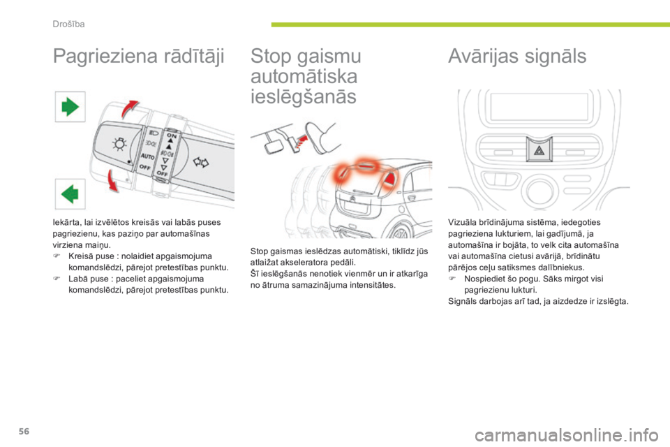 CITROEN C-ZERO 2016 Lietošanas Instrukcija (in Latvian) 56
C-zero_lv_Chap06_securite_ed01-2014
Pagrieziena rādītāji
Iekārta, lai izvēlētos kreisās vai labās puses
pagriezienu, kas paziņo par automašīnas
virziena maiņu.
F
K
reisā puse : n CITROEN C-ZERO 2016 Lietošanas Instrukcija (in Latvian) 56
C-zero_lv_Chap06_securite_ed01-2014
Pagrieziena rādītāji
Iekārta, lai izvēlētos kreisās vai labās puses
pagriezienu, kas paziņo par automašīnas
virziena maiņu.
F
K
reisā puse : n