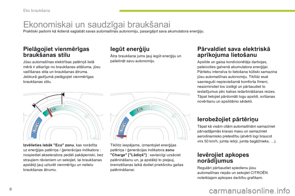 CITROEN C-ZERO 2016  Lietošanas Instrukcija (in Latvian) 8
C-zero_lv_Chap00c_Eco-conduite_ed01-2014
Ekonomiskai un saudzīgai braukšanaiPraktiski padomi kā ikdienā saglabāt savas automašīnas autonomiju, pasargājot sava akumulatora enerģiju.
Pielāgo