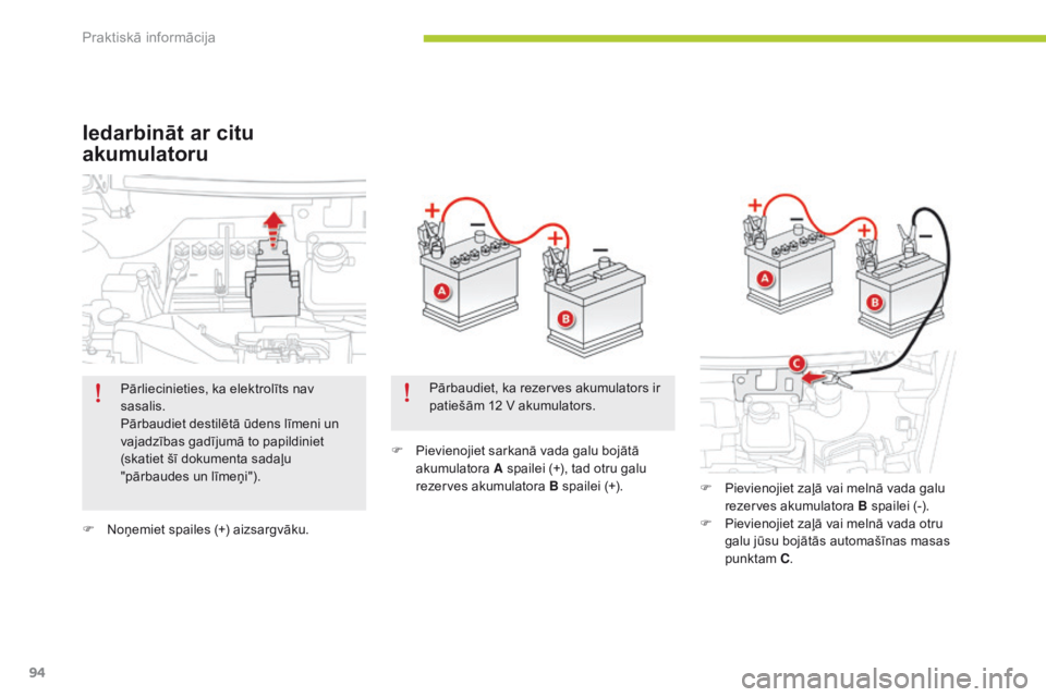 CITROEN C-ZERO 2016  Lietošanas Instrukcija (in Latvian) 94
C-zero_lv_Chap08_info-pratiques_ed01-2014
F Noņemiet spailes (+) aizsargvāku.F  
P
 ievienojiet sarkanā vada galu bojātā 
akumulatora  A spailei (+), tad otru galu 
rezerves akumulatora B spai