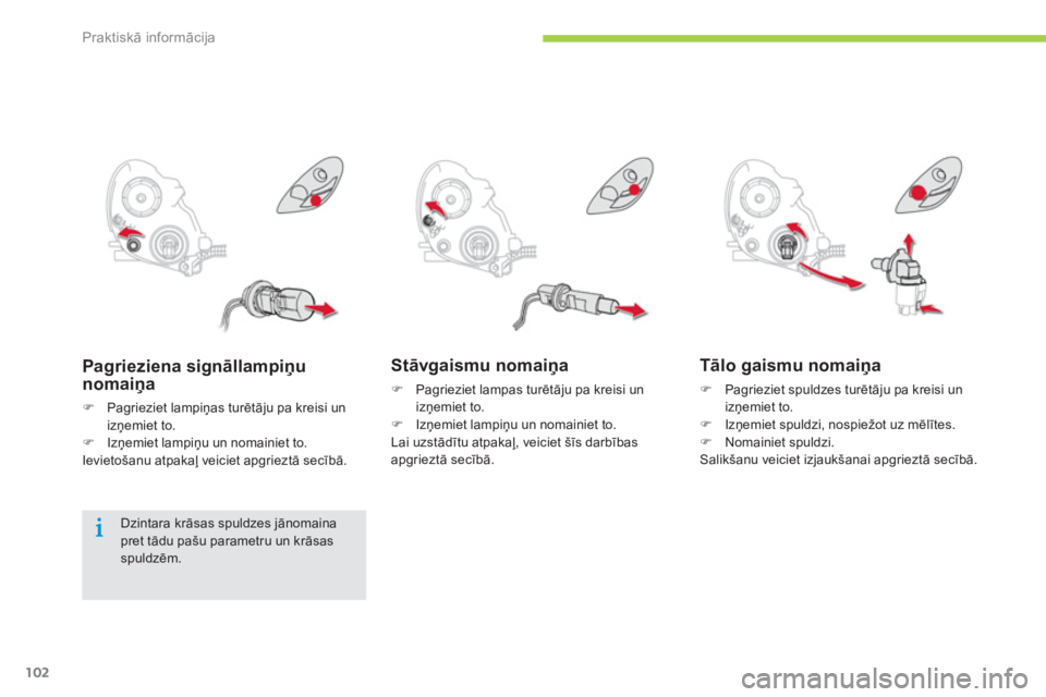 CITROEN C-ZERO 2014  Lietošanas Instrukcija (in Latvian) Praktiskā informācija
102
Stāvgaismu nomaiņa
�) 
 Pagrieziet lampas turētāju pa kreisi unizņemiet to. �) 
 Izņemiet lampiņu un nomainiet to.
  Lai uzstādītu atpakaļ, veiciet šīs darbība
