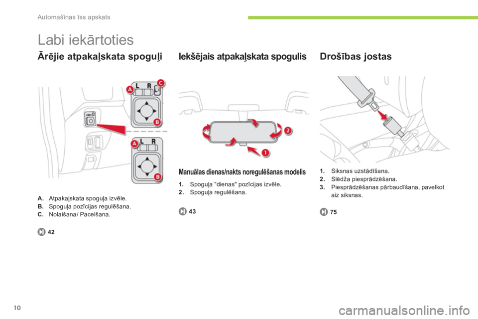 CITROEN C-ZERO 2014 Lietošanas Instrukcija (in Latvian) Automašīnas īss apskats
10
Labi iekārtoties
Ārējie atpakaļskata spoguļi
A.
Atpakaļskata spoguļa izvēle.B.Spoguļa pozīcijas regulēšana.
C.Nolaišana/ Pacelšana.
42
Iekšējais CITROEN C-ZERO 2014 Lietošanas Instrukcija (in Latvian) Automašīnas īss apskats
10
Labi iekārtoties
Ārējie atpakaļskata spoguļi
A.
Atpakaļskata spoguļa izvēle.B.Spoguļa pozīcijas regulēšana.
C.Nolaišana/ Pacelšana.
42
Iekšējais