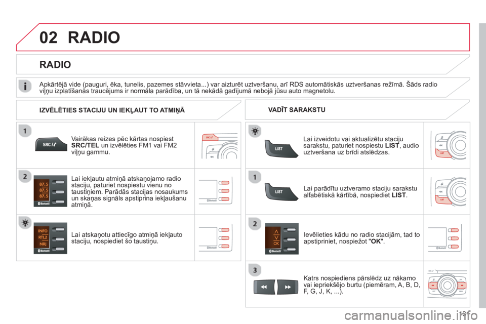 CITROEN C-ZERO 2014  Lietošanas Instrukcija (in Latvian) 02
131
RADIO 
Vairākas reizes pēc kārtas nospiest 
SRC/TEL un izvēlēties FM1 vai FM2
viļņu gammu.  
Lai atskaņotu attiecī
go atmiņā iekļauto
staciju, nospiediet šo taustiņu.  Ievēlietie