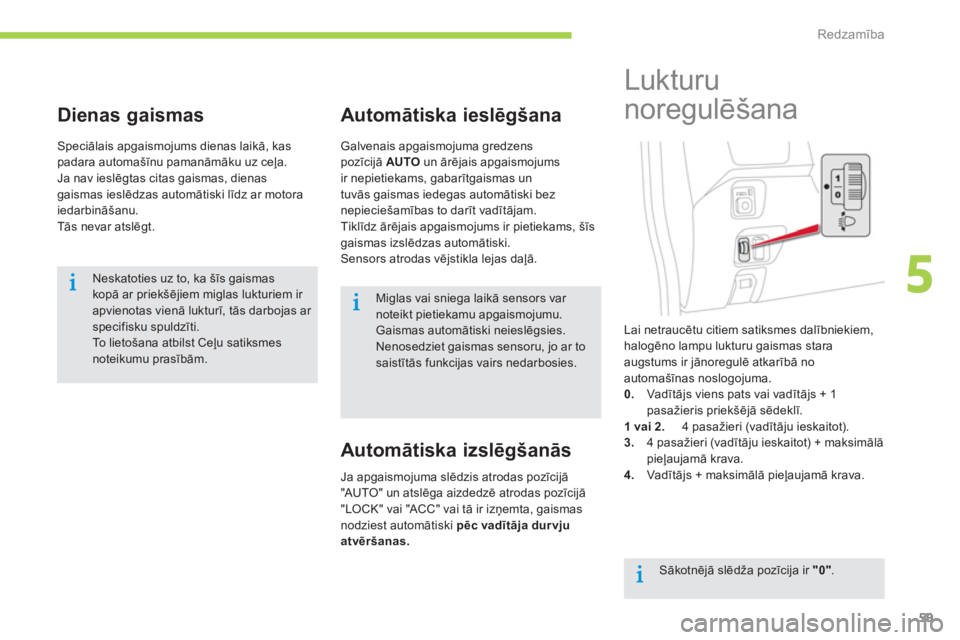 CITROEN C-ZERO 2014  Lietošanas Instrukcija (in Latvian) 5
Redzamība
59
Dienas gaismas
  Speciālais apgaismojums dienas laikā, kas padara automašīnu pamanāmāku uz ceļa.
 Ja nav ieslēgtas citas gaismas, dienas gaismas ieslēdzas automātiski līdz a