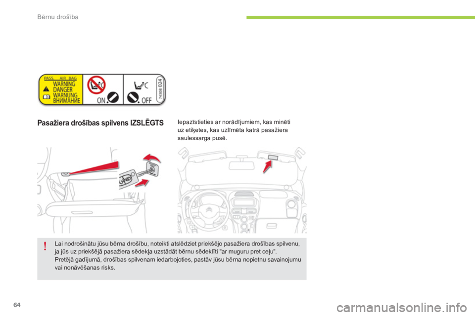 CITROEN C-ZERO 2014  Lietošanas Instrukcija (in Latvian) Bērnu drošība
64
Pasažiera drošības spilvens IZSLĒGTS  
 
Iepazīstieties ar norādījumiem, kas minētiuz etiķetes, kas uzlīmēta katrā pasažiera 
saulessarga pusē.  
 
 
Lai nodrošināt