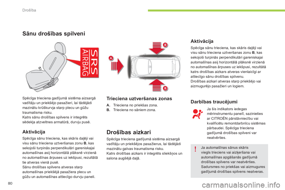 CITROEN C-ZERO 2014  Lietošanas Instrukcija (in Latvian) Drošība
80
Sānu drošības spilveni 
Aktivācija 
Spēcīga sānu trieciena, kas skāris daļēji vai 
visu sānu trieciena uztver