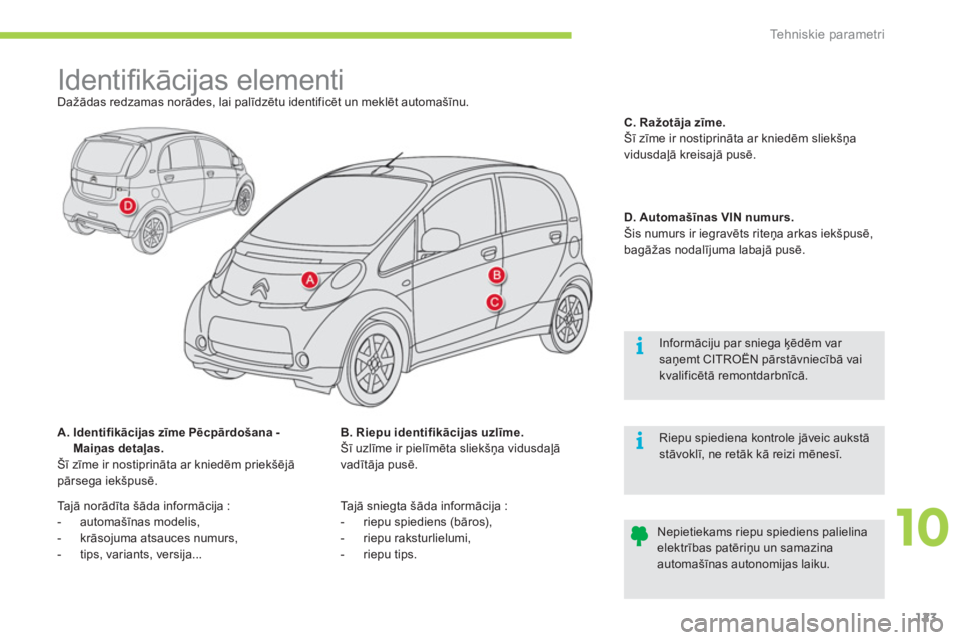 CITROEN C-ZERO 2012 Lietošanas Instrukcija (in Latvian) 10
i
i
Tehniskie parametri
123
Identifi kācijas elementi
Dažādas redzamas norādes, lai palīdzētu identificēt un meklēt automašīnu.
A. Identifikācijas CITROEN C-ZERO 2012 Lietošanas Instrukcija (in Latvian) 10
i
i
Tehniskie parametri
123
Identifi kācijas elementi
Dažādas redzamas norādes, lai palīdzētu identificēt un meklēt automašīnu.
A. Identifikācijas